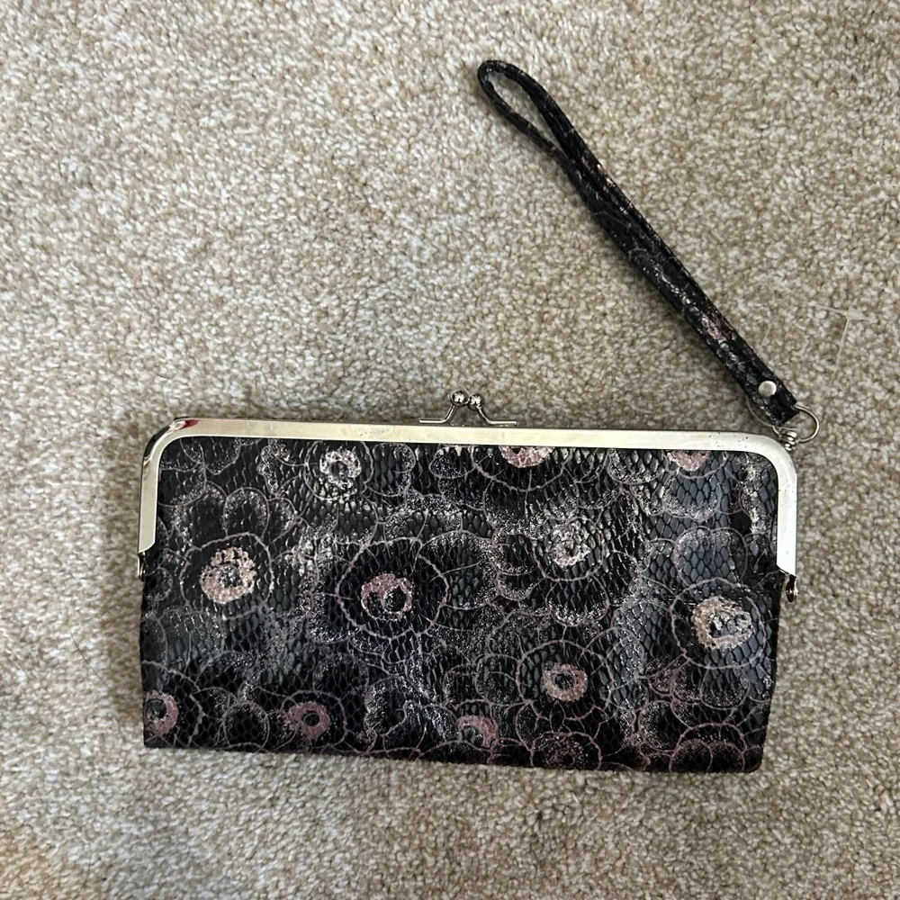 Floral Faux Snakeskin Black and Pink‎ Clutch Wristlet